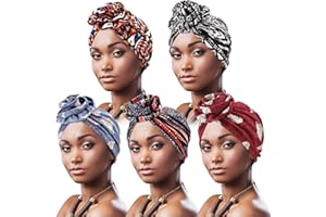 DRESHOW 5 Pack Women Turban African Pattern Knot Headwrap Beanie Pre-Tied Bonnet Chemo Cap Hair Loss Hat