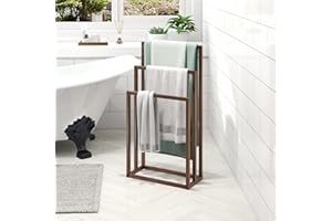 BOFENG 3 Tier Metal Free Standing Towel Rails Chrome Modern 3 Bars Towel Holder Rust-Resistant Finish,Brown Ladder Drying Rack,Organizer for Hand Towels,Washcloths,Kitchen Cloth,Bathroom Storage