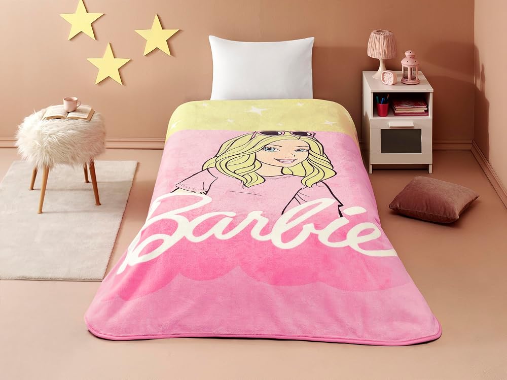 TAÇ Barbie Malibu Çizgi Film Karakteri Pamuk-Polyester Karışım Battaniye, Sarı, Pembe, Tek Kişilik