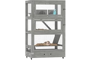 PawHut Hamsterkäfig aus Holz 4 Etagen 65 x 45 x 109 cm Nagerkäfig Kleintierkäfig mit Rollen, Hütten, Wippe, Palette, Futterschalen, Schloss, Rampen, Fütterungsstation Mäusekäfig für Zwerghamster Grau