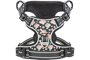 HEELE Harnais Chien, Harnais Chien Anti Traction, Réfléchissant, avec Poignée Rembourrée Contrôl, 2 Anneaux Métal, Harnais pour Petit Moyen et Grand Chien, Fleur-Noir, M