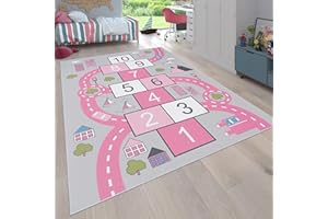Paco Home Alfombra Infantil Habitación Infantil, Alfombra Juego Carreteras, Rayuela, Rosa, tamaño:120x160 cm