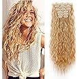 Cybelleza 20inch Clip in Hair Extensions Afro Curly Wavy 6PCS Clip in Hair Extension Long Full Head Set Fake Hair Synthetic Hairpieces for Women, Dark Blonde/Bleach Blonde