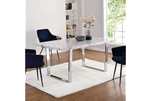 Cherry Tree Furniture BIASCA 6-Seater High Gloss Marble Effect Dining Table with Silver Chrome Legs (White)