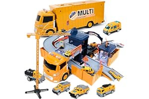 Joellfuner Baustellenfahrzeuge Kinder, Baufahrzeug LKW Spielzeug Set mit Groß Kräne, 6 Mini Baustellenfahrzeuge, Fahrzeug Transporter Konstruktionsfahrzeuge Geburtstag Geschenkideen Kinder Jungen