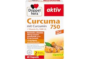 ‎DOPPELHERZ Doppelherz Curcuma 750 mit Curcumin + Vitamin D3 1000 I.E. – Vitamin D unterstützt die normale Funktion des Immunsystems – 60 Kapseln