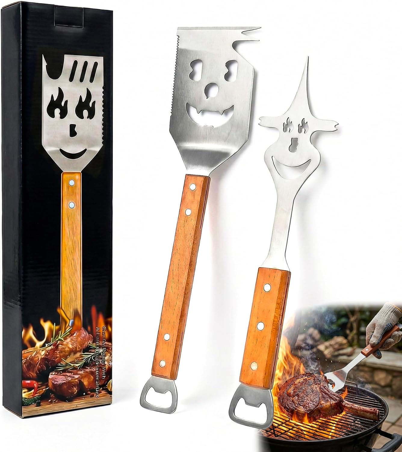 8 in 1 Multifunction BBQ Tools Set, Stainless Steel Spatula with Wooden Handle, Fork & Bottle Opener, BBQ Accessories & BBQ Gifts for Men, Gifts for Dad/Husband