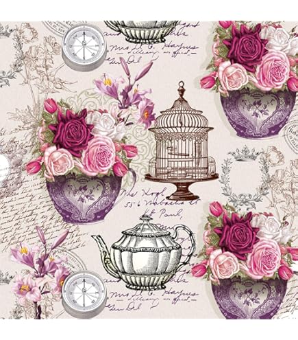 Lot de 8 serviettes de table vintage motif fleurs – coton Made in France 43,5 × 42 cm
