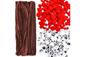 Lezevn 900 Pieces Christmas Reindeer DIY Craft Set Pipe Cleaners Set Brown Pipe Cleaners 3 Size Pom Poms, Google Eyes Christmas Set Party Supplies