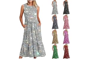LUOLUOLUO Women's Cotton Linen Dress Floral Maxi Long Dress Casual Sleeveless Crewneck A Line Dress Plus Size Swing Dress Vintage Bohemian Loose Dresses Pageant Prom Ball Gowns Cocktail Dresses UK Size