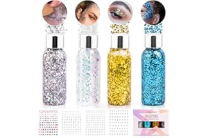 ‎YUEONEWIN Glitzer Gesicht, 4 Bottle Festival Glitzer Gesicht Liquid Gel, Mermaid Pailletten Body Glitter Gel für Haare Nägel Face Make Up, Glitzer Schminke Glitzersteine Selbstklebend für Festival Masquerade