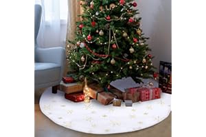 Hukermoon Weihnachtsbaumdecke Rund, 90 cm Weihnachtsbaumrock mit Silber Schneeflocken, Baumdecke Weihnachtsbaum Rock Weiß Plüsch Kunstfell, Christbaumdecke Bunt, Christbaumständer Decke (90, Gold)