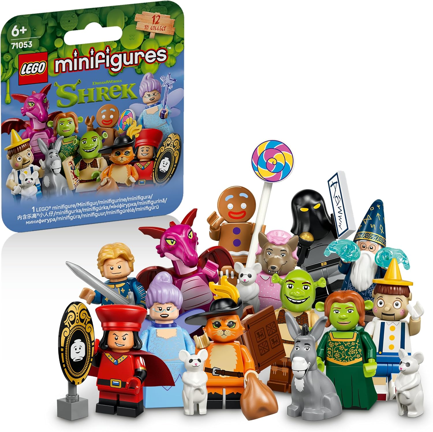 LEGO Minifigures Série Shrek - Boîte Mystère - Contient 1 Jouet Collector sur 12 - Figurines Dont Fiona, l'Âne ou Chat Potté - Idée de Pinata pour Garçon, Fille ou Fan dès 6 Ans 71053