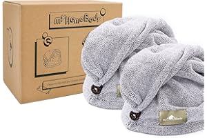 ‎MYHOMEBODY myHomeBody Haartuch-Wickeltuch, luxuriöser, schnelltrocknender Turban, ultraweiche, saugfähige Kappe aus Kohlefaser, mit Kokosnussschalenknopf – Gray - 2 Pack