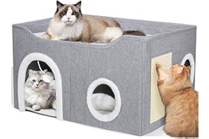 GDGZT Foldable Cat House, 2-Layer Large Soft Cat Bed Cave Cube with Scratching Board, Hideaway and Fluffy Ball, Grey