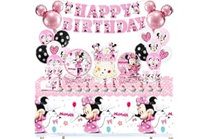 HEARTSKING Kindergeburtstag Partygeschirr Set, 101 Stück Mouse Geburtstagsdeko Baby Geburtstags Deko, Rosa Mädchen Geschirr Set Luftballons Servietten Pappteller Pappbecher Tischdecke(für 10 Kinder)