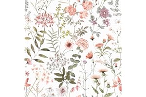 VEELIKE Papier Peint Fleur Blanc Vintage Papier Peint Fleuri Rose Adhésif pour Meuble Papiers Peints Adhesif Feuilles Tropical Murale Rouleau Adhesif Decoratif Chambre Armoire Salon 44,5cm×300cm