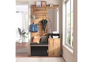 Merax Hallway Storage Unit Coat Stand with Shoe Storage, with Wall-mounted Coat Rack with 4 coat hooks and clothes rail&upper Storage Shelf&Mirror&Shoe Cabinet&Shoe Bench Storage with Seat Cushion