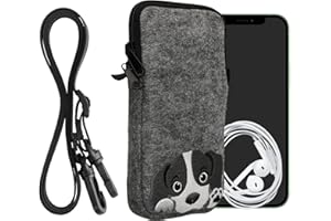 kwmobile Handytasche für Smartphones XL - 6,7/6,8" - Filz Handy Hülle Grau Schwarz - Handy Tasche mit Kette 17,2 x 8,4 cm Innenmaße - Neugieriger Hund