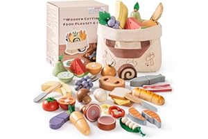 ROBOTIME Essens-Set aus Holz für Kinder, Küchenspielzeug zum Schneiden – Realistisches Lebensmittelspielzeug für Kinder mit Aufbewahrungstasche, Rollenspielgeschenk für Jungen und (4-in-1)