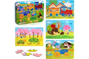 TOOCCBII Wooden Jigsaw Puzzles Toy for Kids, Toddler Animal Puzzle 4 in 1 Metal Box, 4 Themes for Preschool Boy Girl 3 4 5 6 Years Old, Montessori Learning Educational Tool Gift for Christmas Birthday(Turtle)