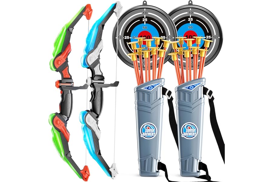 TEMI Bow and Arrow Set for Kids with LED Lights-Archery Set with Suction Cup Arrows, Quivers & Standing Target, Outdoor Toys for Children Boys & Girls Ages 3-12 Years Old
