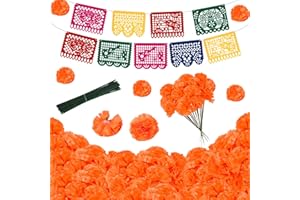 HONMOK Day of The Dead Decorations 60pcs Artificial Marigold Flowers Head with Stems & Day of The Dead Banner, Orange Marigold Bunches Garland DIY Projects for Halloween Diwali Mexican Decorations
