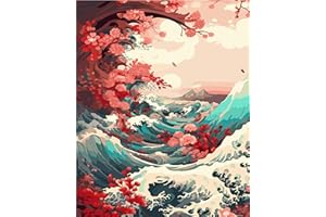 TISHIRON Malowanie według liczb dla dorosłych The Great Wave "zrób to sam", ręcznie malowany obraz olejny na płótnie z pędzlami, pigment akrylowy, 40 × 50 cm (bez ramki), widok na morze, duże fale