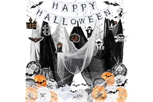 Funnity Halloween Deko Set umfasst Halloween Girlande、Halloween Luftballons、Halloween Deko Spinnennetz、Fledermaus Deko, Luftschlangen Kann für Halloween Deko Innen und Halloween Deko Outdoor