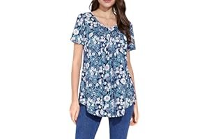 Enmain Damska tunika na co dzień, dekolt w serek, krótki rękaw, kwiatowe koszule, luźny krój, plisowana długa bluzka Henley dla kobiet