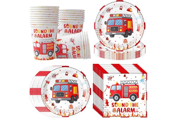 Brandbil festservis, set för 20 gäster, innehåller brandbilar servetter, tallrikar och pappersmuggar, födelsedag servis i brandmän design, brandkår dekoration barnkalas