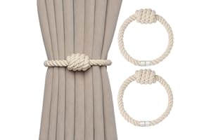 Pretty Jolly 2 Pack Natural Cotton Rope Magnetic Curtain Tiebacks Boho Style Drape Tie Backs Elegant Hand Weave Rope Knot Decorative Curtain Holdbacks for Home & Office Window Drapery (Beige)