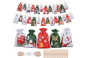 HOMEWIT Calendrier de l'Avent Vide à Remplir, 24+2 Sac Calendrier de l'Avent en Tissu avec 26 Mini Pinces en Bois et Corde de Chanvre 10m, Pochette Calendrier pour DIY Cadeau Noel Décoration