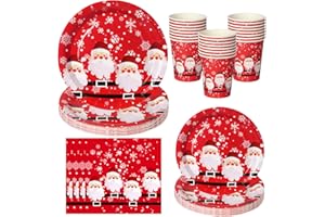 PYAILI 64 Pieces Christmas Paper Plates and Napkins Set Santa Claus Dessert Plates, Paper Cups, Party Napkins Dinnerware for Table Decorations - 16 People