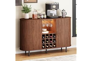 ONBRILL 140 cm vinbarskåp med LED-ljus, modern räfflad sprit whisky hem bar med vinställ och glashållare, bondgårdsbuffé sido