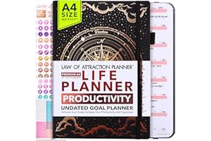 FREEDOM MASTERY Planer Prawo przyciągania rozmiar A4 – niedatowany, tygodniowy, miesięczny, 12-miesięczna podróż w celu zwiększenia produktywności i szczęścia, organizer życia, dziennik wdzięczności, z naklejkami