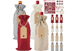 Kuvarix Sac Bouteille Vin en Toile de Jute, 12PCS Sac Cadeau Bouteille avec Cartes de Vœux, Autocollants, Etiquettes, Ficelle et Stylo, Conception à Cordon, pour Fête Mariage Anniversaire Noël