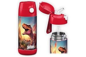 Jarlson® Borraccia Bambini Acciaio Inox, Bottiglia Termica, Senza BPA, Bottiglia Acqua con Cannuccia, Termos 350 ml (Dinosauro 2.0)