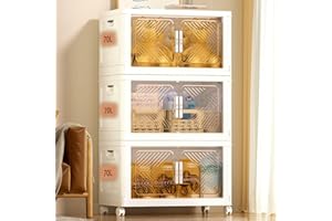 pioncrey 3 Packs Storage Boxes with 1 Lid, 70L*3 Large Capacity Stackable Storage Boxes, Plastic Collapsible Storage Box, Folding Storage Box with Wheels, Organization and Storage for Home and Office