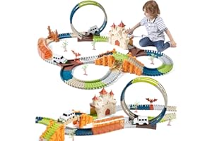 TUMAMA KIDS TUMAMA Circuit Voiture Enfant Electrique Cars Jouet Automatique Voiture Pont et Tunnel 202 Pièces Ensemble de Pistes de Voiture Cadeau d'anniversaire pour Les Tout-Petits Enfants 2 3 4 5 6 Ans