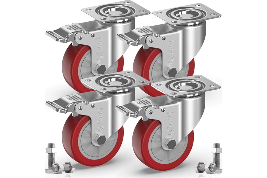 GBL Heavy Duty Castor Wheels with 4 Brakes + Screws - 100mm up to 600KG - Pack of 4 No Floor Marks Silent Caster for Furniture - Swivel Rubbered Trolley Wheels - Silver