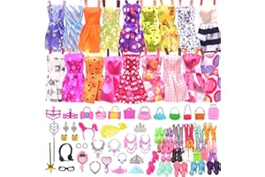 WANDERGO 76 vestiti e accessori per bambole compatibili con Barbie bambole, 16 abiti + 10 borse + 20 scarpe + 30 accessori per gioielli, abiti, collana, specchio, orecchini, corona, gancio per bambola da 11,5