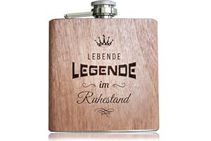 PIXELSTUDIO Holz Flachmann Lebende Legende im Ruhestand | Lustige Geschenk Idee zur Rente/Pension. Alkohol