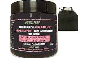 Savon Noir gommage 250g + Gant kessa OFFERT, à l'huile d'Argan Bio et à L'EAU DE ROSE pure, Gommage Traditionnel 100% Naturel Corps et Visage Purifiant MAROC GLAM