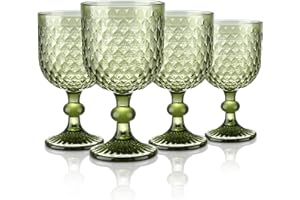 Joeyan Set de 4 Copas de Vino Vintage Verde,350ml Vino Taza de Vidrio con Relieve, Vasos Retro con Pie,Vajillas de Colores,Cristaleria para Bar Restaurante en Casa, Apto para Lavavajillas