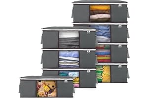 Budding Joy 35L Clothes Storage Bags, 8 Pack Storage Boxes with Lid Packing Boxes for Moving House with Durable Handles for Clothing, Duvet, Bedding, Pillows (Gray)