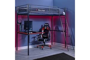 X-Rocker Icarus XL Gaming Bunk Bed with Desk, Single Loft Bed with Ladder and Open Shelves, Metal Frame High Sleeper Gaming Bed for Kids, Teens and Juniors Bunkbed 90x190cm Mattress Included - BLACK