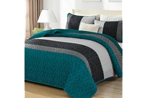 COTTOLESTER Boho Quilt Set King Size,Striped Plaid Bedspread Coverlet Set,Peacock Blue Bedding Set Soft Microfiber Bedding Set with 2 Pillow Shams 110"x90"