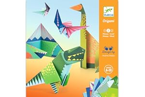 DJECO Kit Origami Dinosaures - Enfants de 6 à 10 Ans - Activité Créative Pliage Papier Facile - Développe la Motricité Fine - 24 Feuilles Colorées, 1 Guide Étape par Étape - 8 Designs