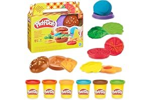 Play-Doh Burger Spielset, Bastel-Set für Mädchen und Jungen ab 3 Jahren, Kochspielzeug für Kunst & Handwerk mit bunter Knete (6 Farben) und Formen und Werkzeugen für Spielspaß mit Freunden